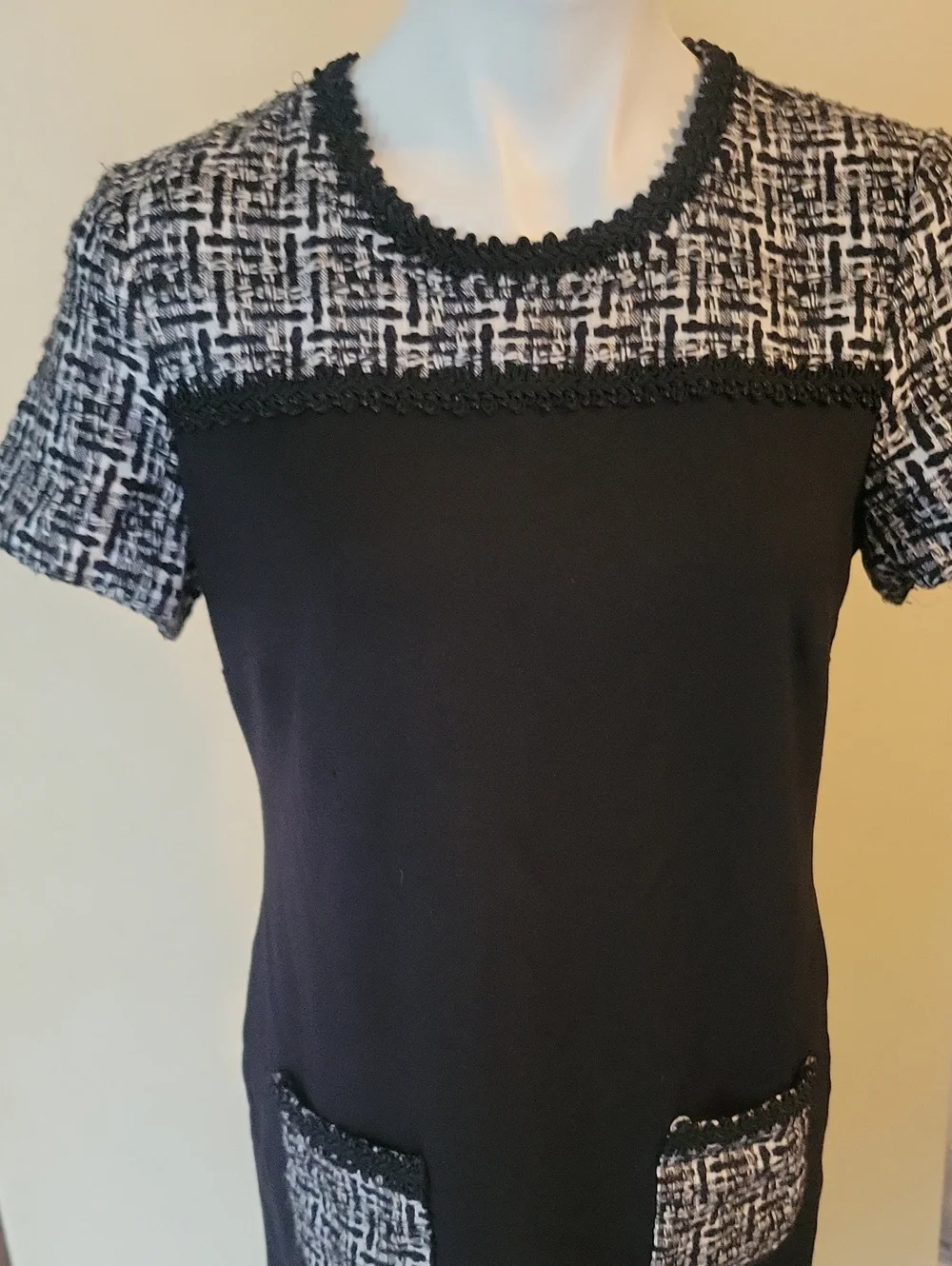 Karl Lagerfeld Black Sheath Dress with Tweed Accents - Picture 3 of 9